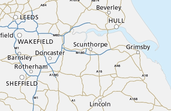 Detail from British Isles map with cities and major roads