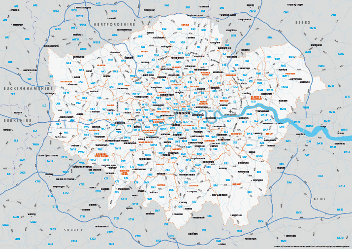 Map of Greater London postcode districts plus boroughs and major roads