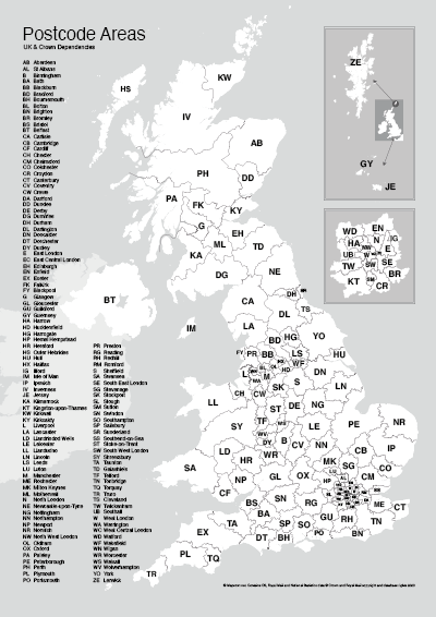 UK postcode areas map for A-format printing - preview