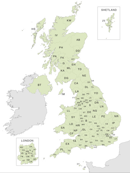 Map of UK postcodes - royalty free editable vector map - Maproom