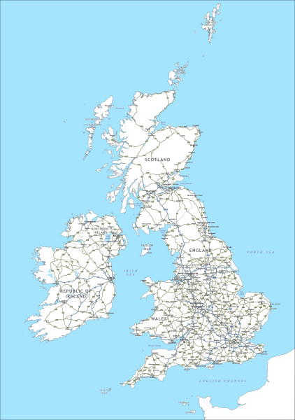 Editable map of Britain and Ireland with cities and roads - Maproom