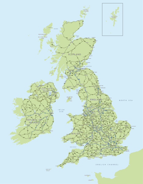 Editable map of Britain and Ireland with cities and roads - Maproom