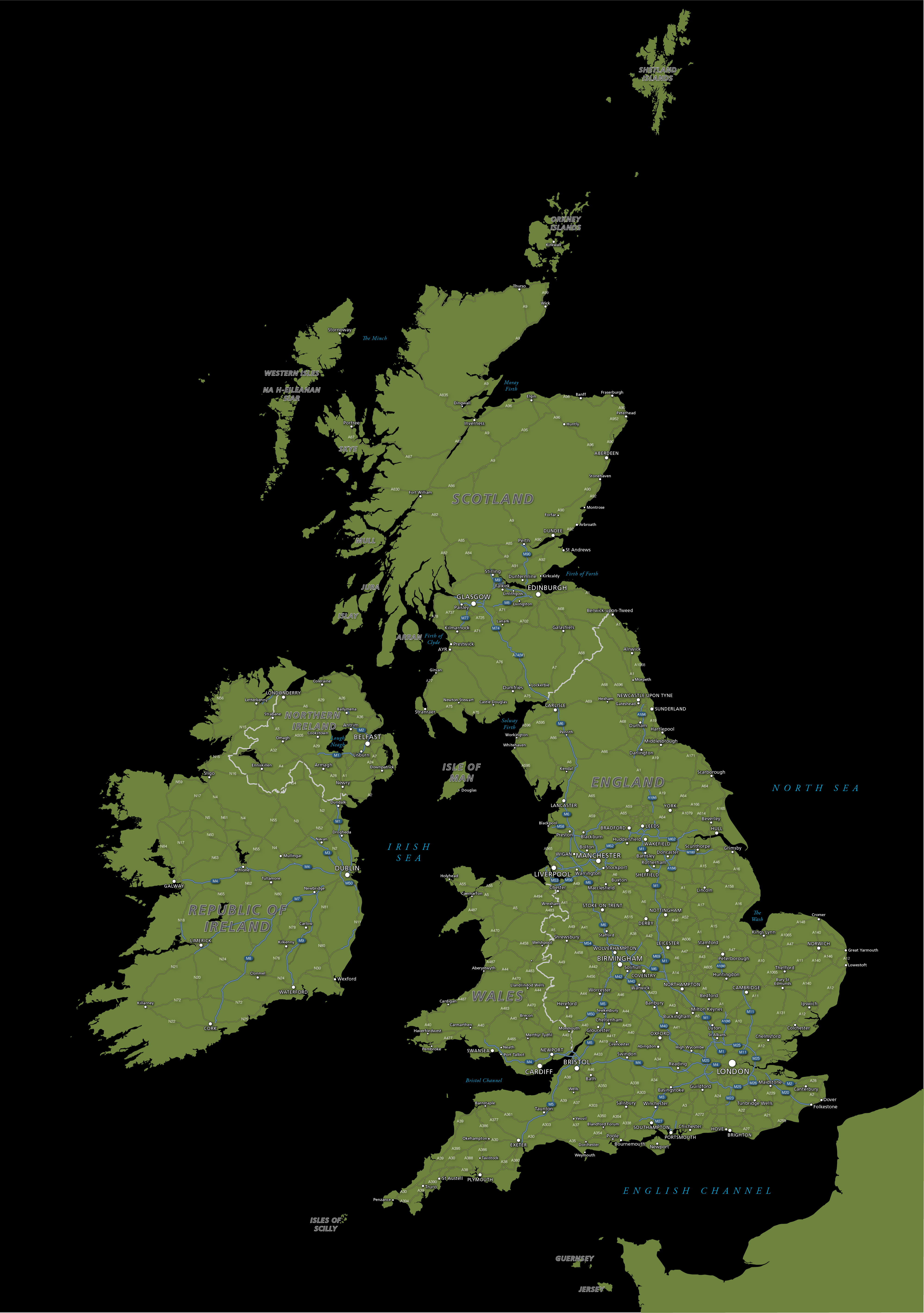 Editable map of Britain and Ireland with cities and roads  Maproom