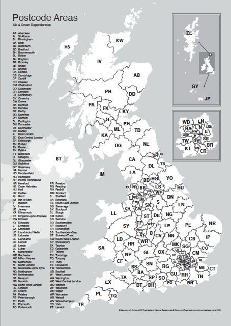 UK postcode areas map for printing 