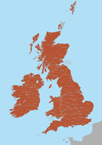 Editable vector county map of Britain and Ireland