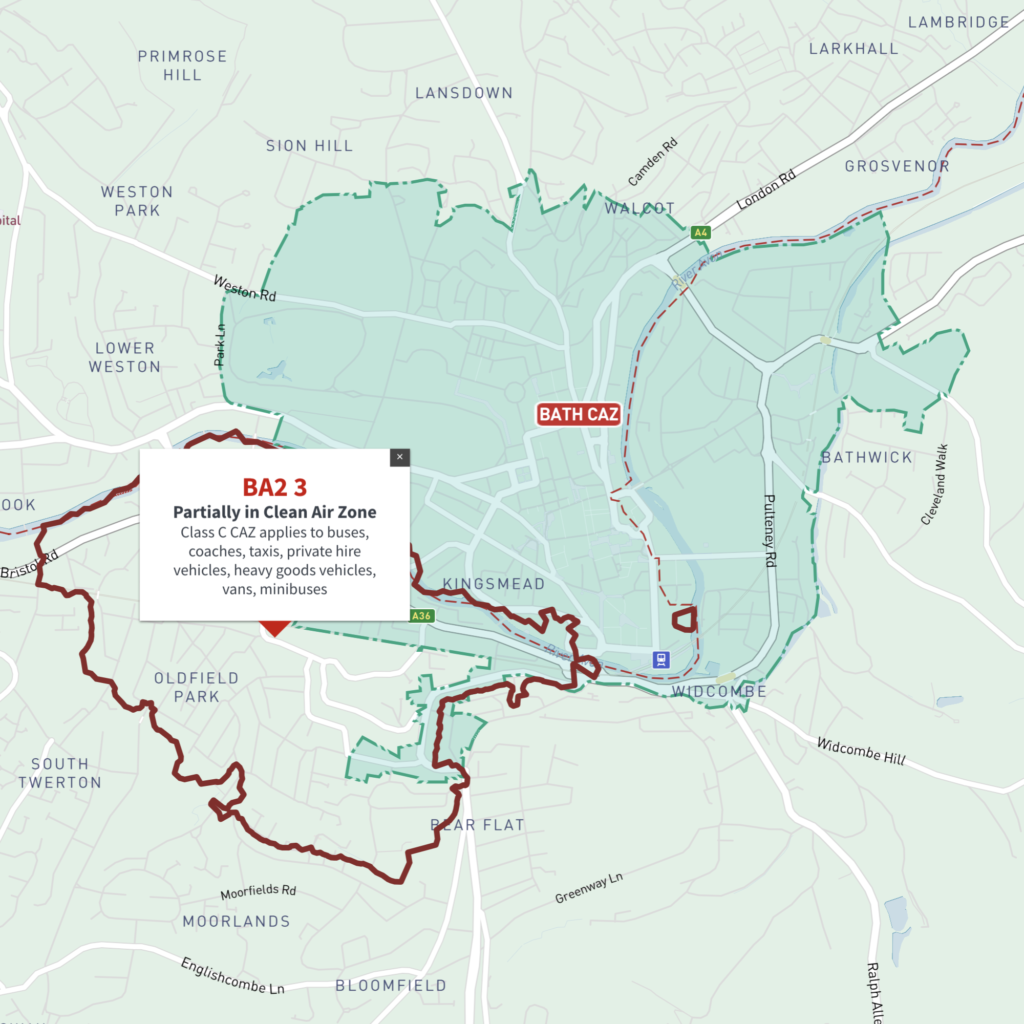 Bath Clean Air Zone map with BA postcode boundaries - interactive map preview