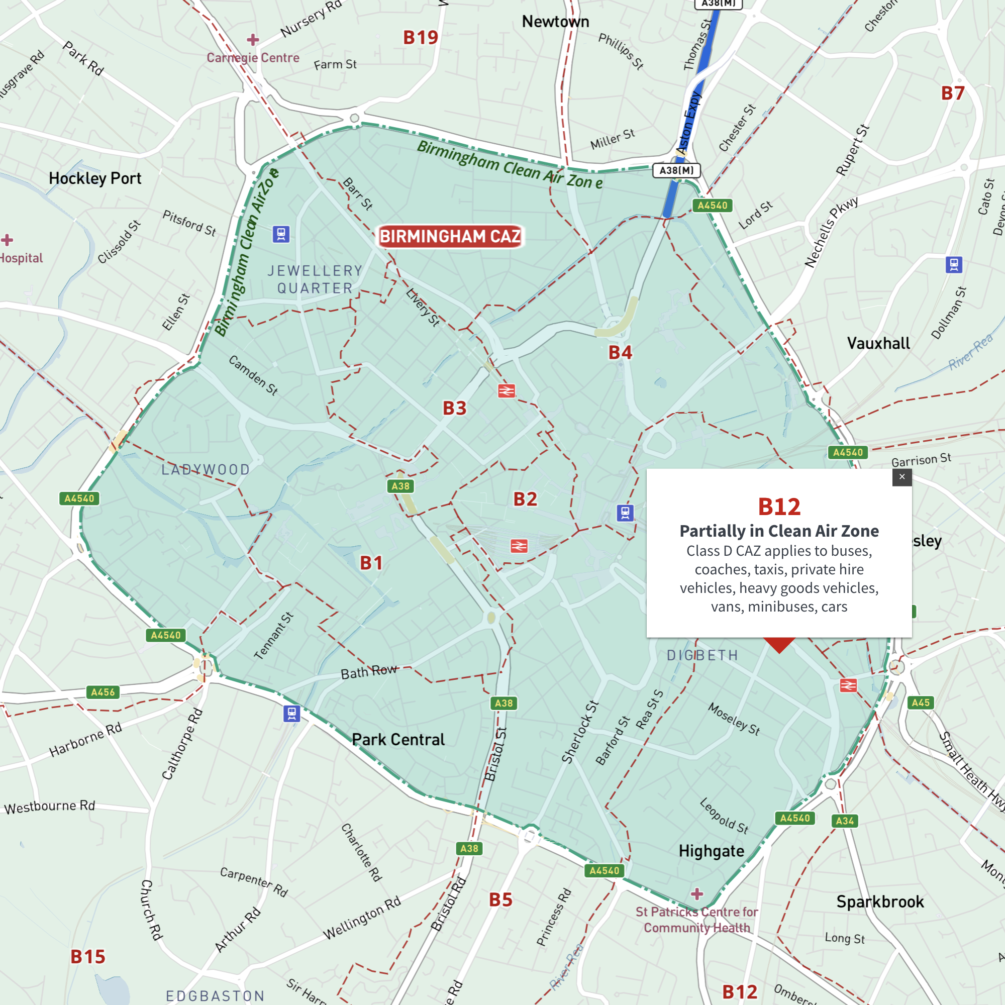 Birmingham Clean Air Zone map and B postcode boundaries interactive map preview