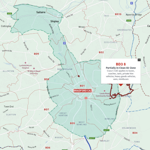 Bradford Clean Air Zone map with BD postcode boundaries - interactive map preview