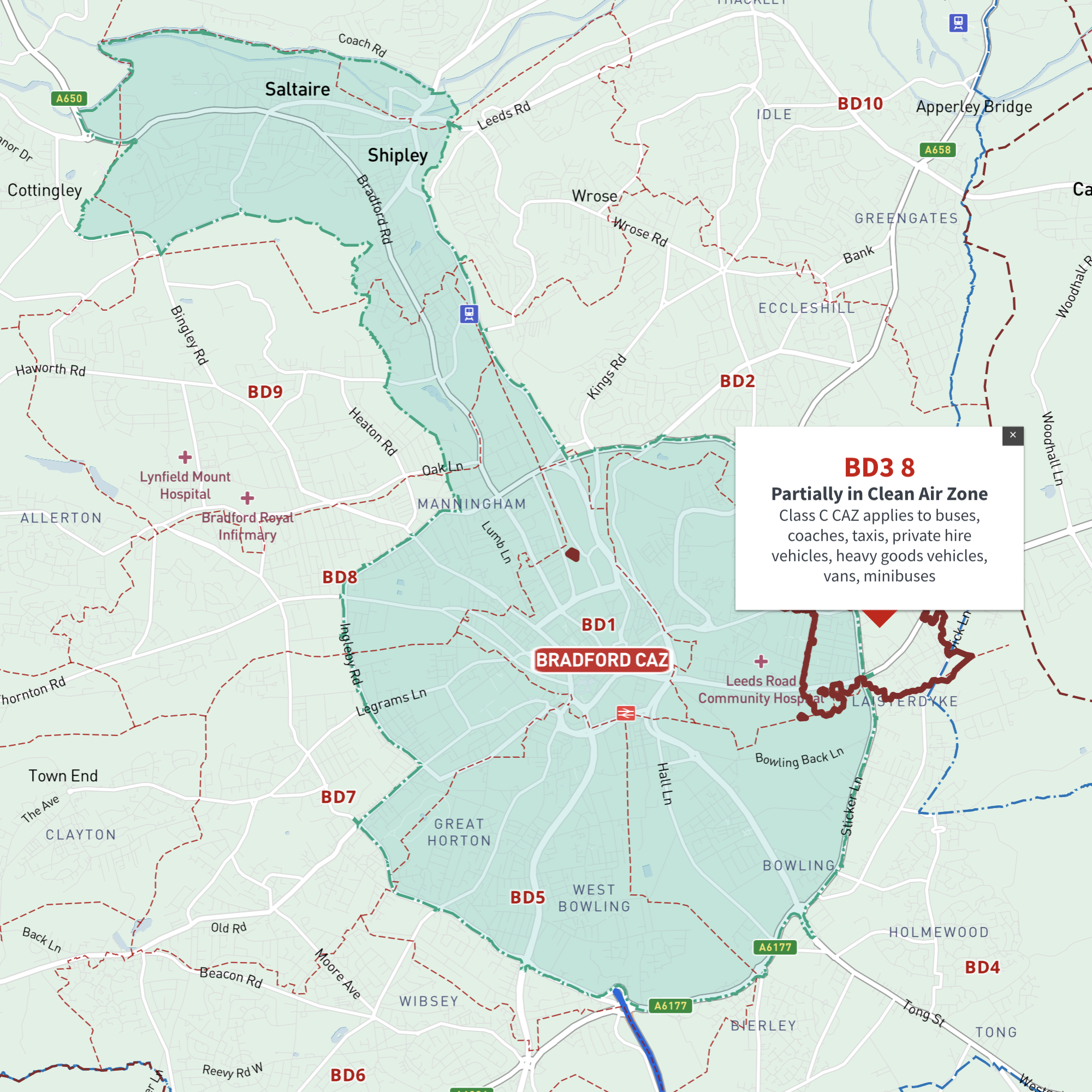 Bradford Clean Air Zone map with BD postcode boundaries - interactive map preview