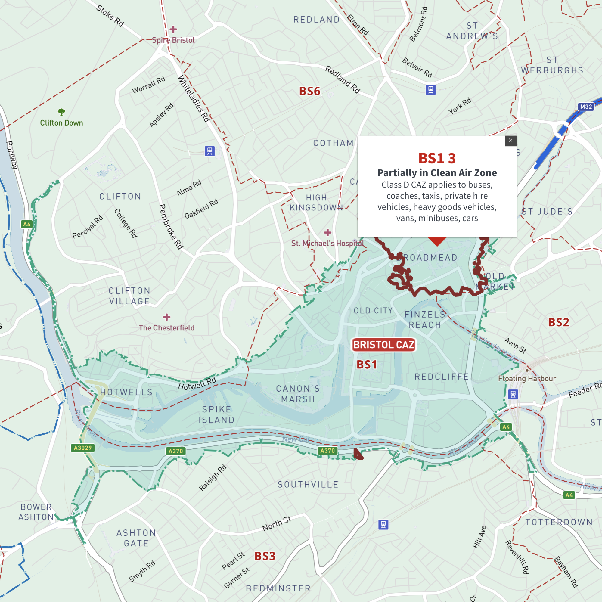 Bristol Clean Air Zone map and BS postcode boundaries interactive map preview