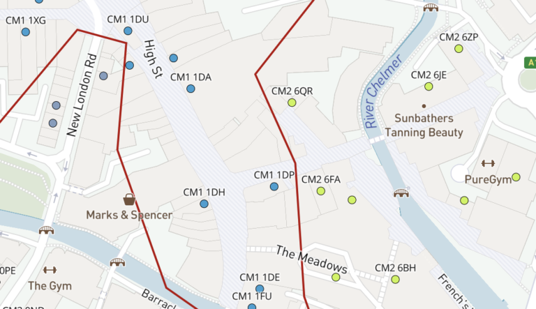 Map of CM postcode districts – Chelmsford – Maproom
