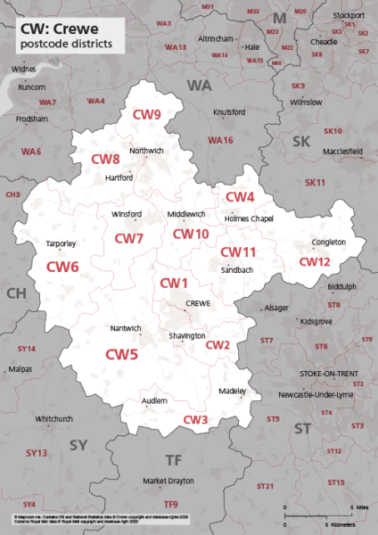 CW postcode districts map preview