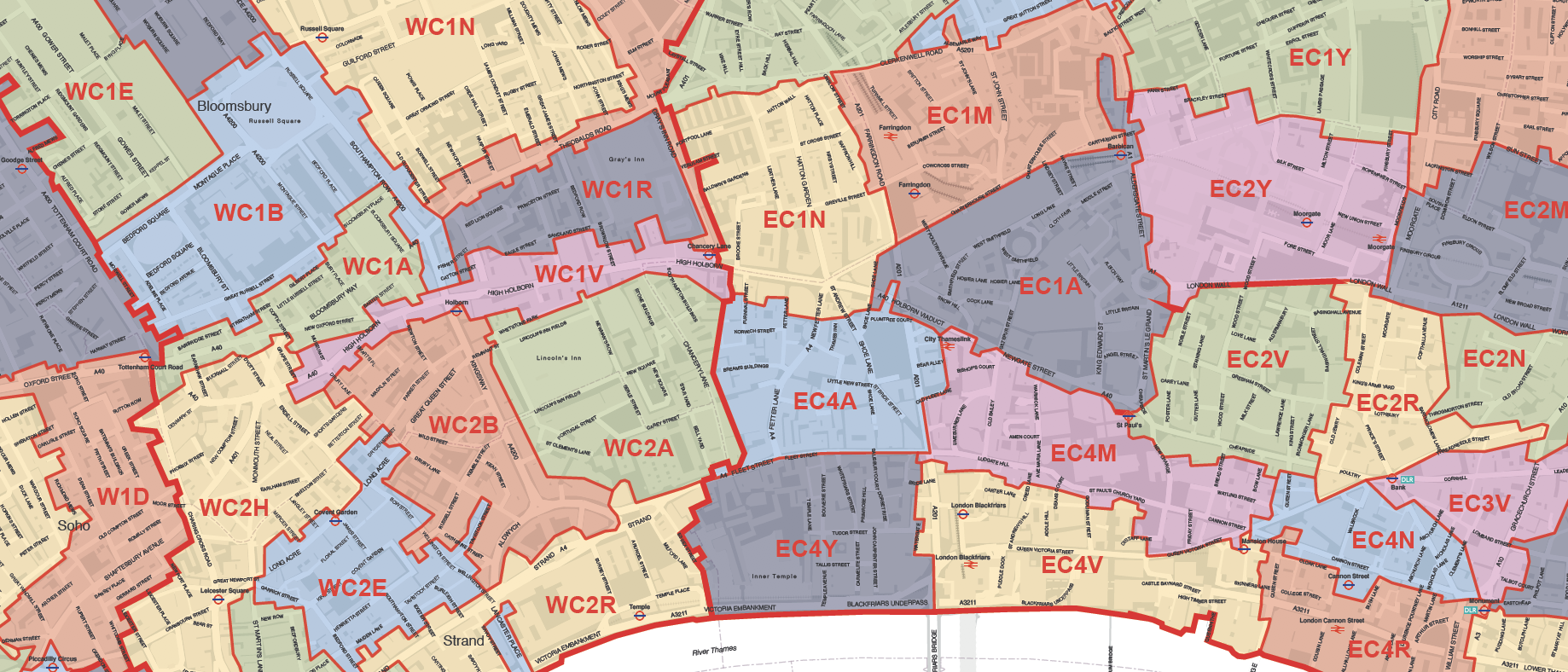 Central London postcode districts detail with colour polygons