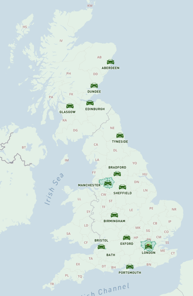 Clean Air Zones - Low Emission Zones and all UK postcode boundaries interactive map