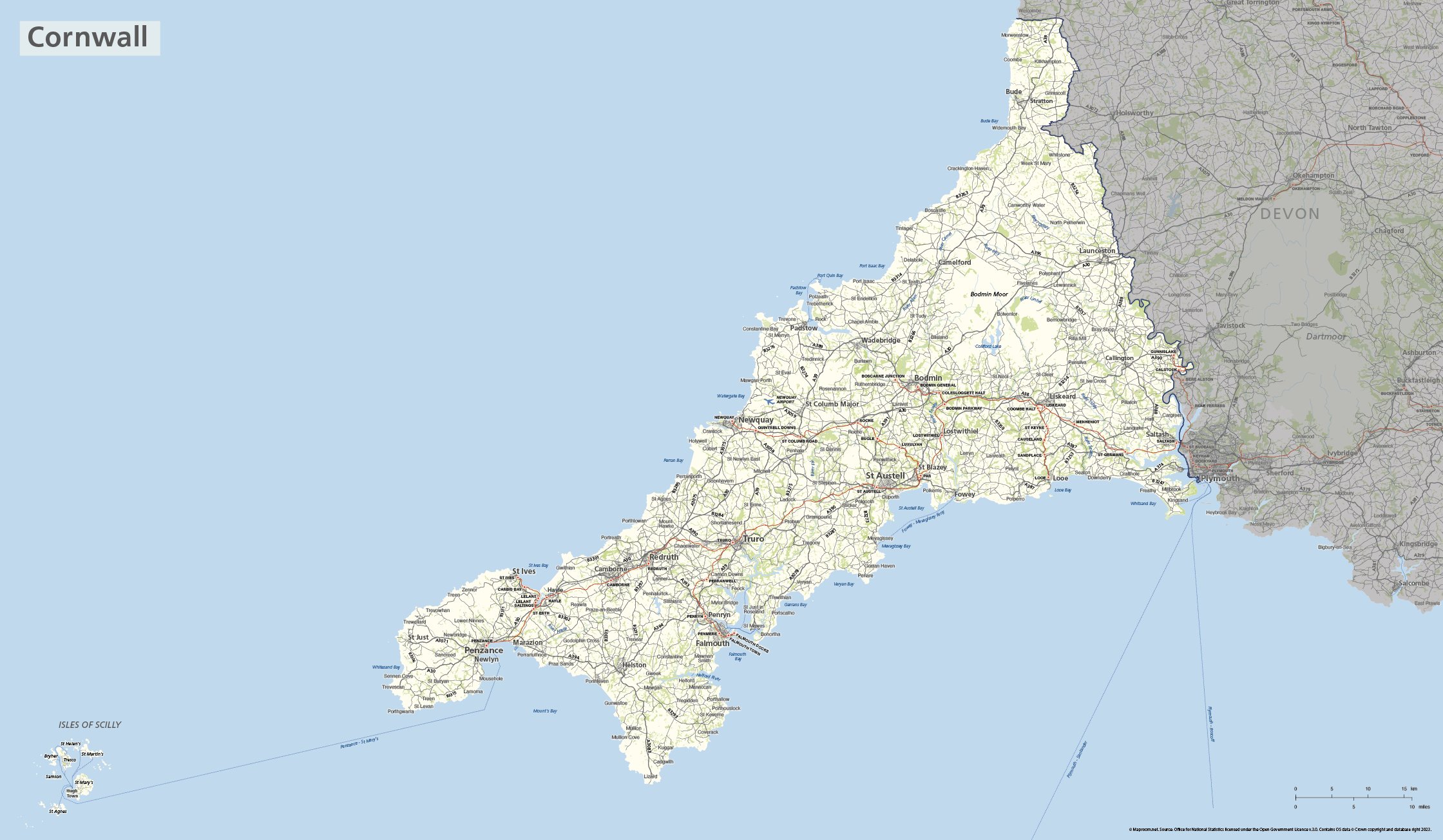Cornwall map with Isles of Scilly in geographical position