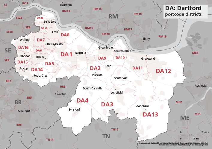 Map Of DA Postcode Districts Dartford Maproom