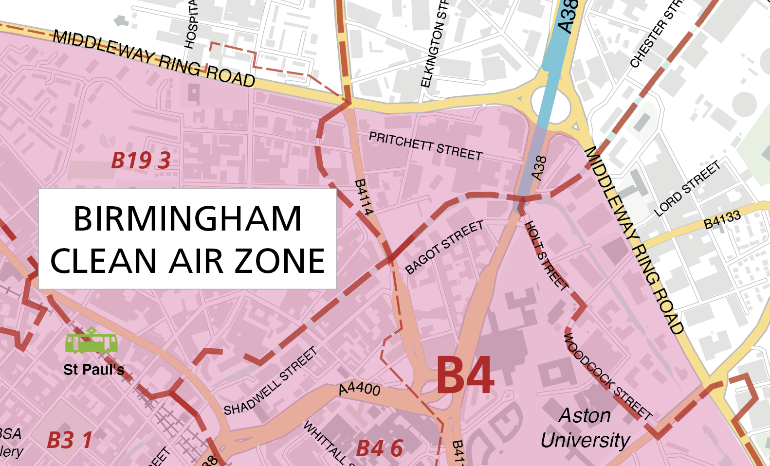 Detail from Birmingham Clean Air Zone with postcodes map