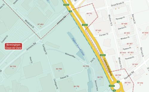 Detail from interactive online map showing individual postcodes in Birmingham's Clean Air Zone