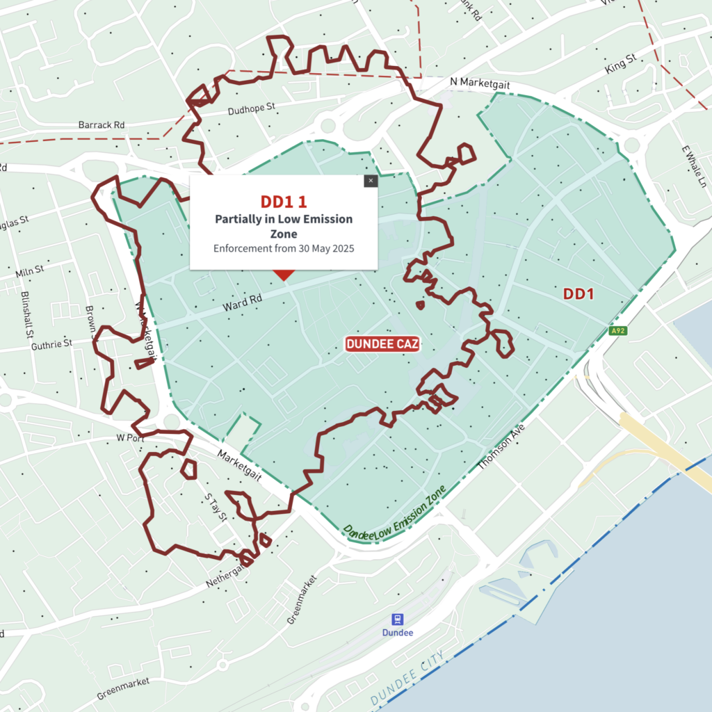 Dundee Clean Air Zone map with DD postcode boundaries - interactive map preview