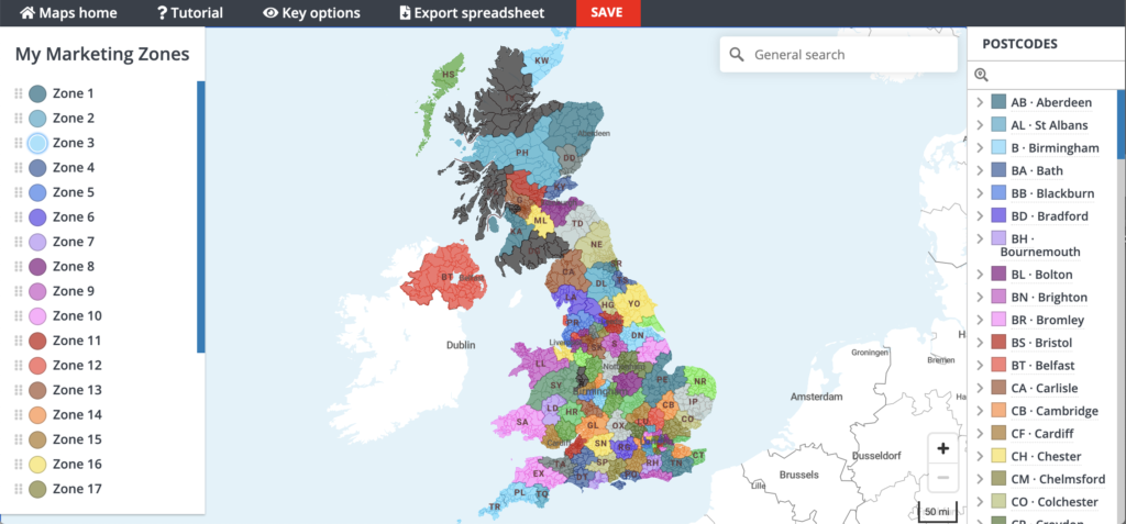 Quick Select dynamic interactive postcode map colouring and labelling system