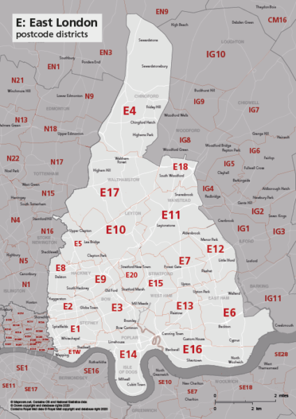E postcode districts map preview