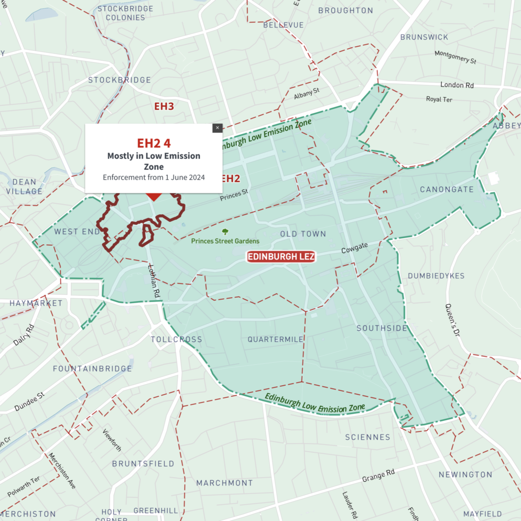 Edinburgh Low Emission Zone map with interactive EH postcode boundaries preview