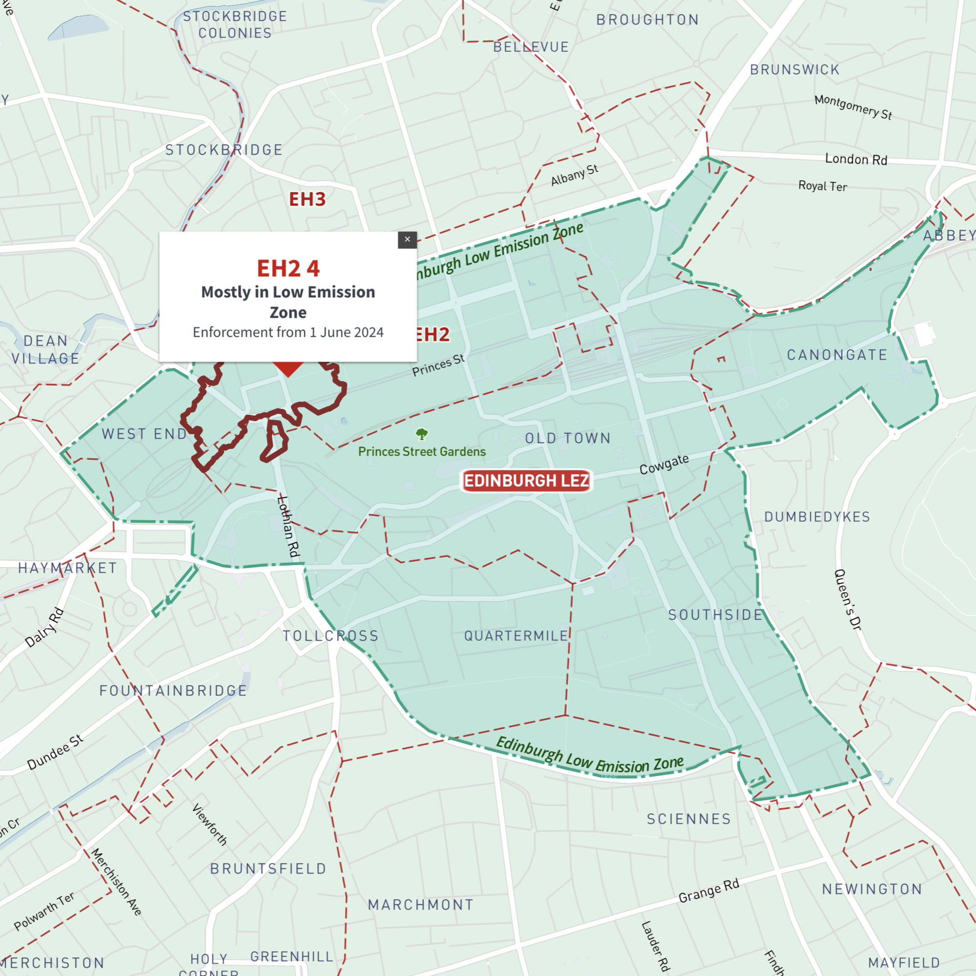 Edinburgh Low Emission Zone Postcodes Interactive Map Preview 