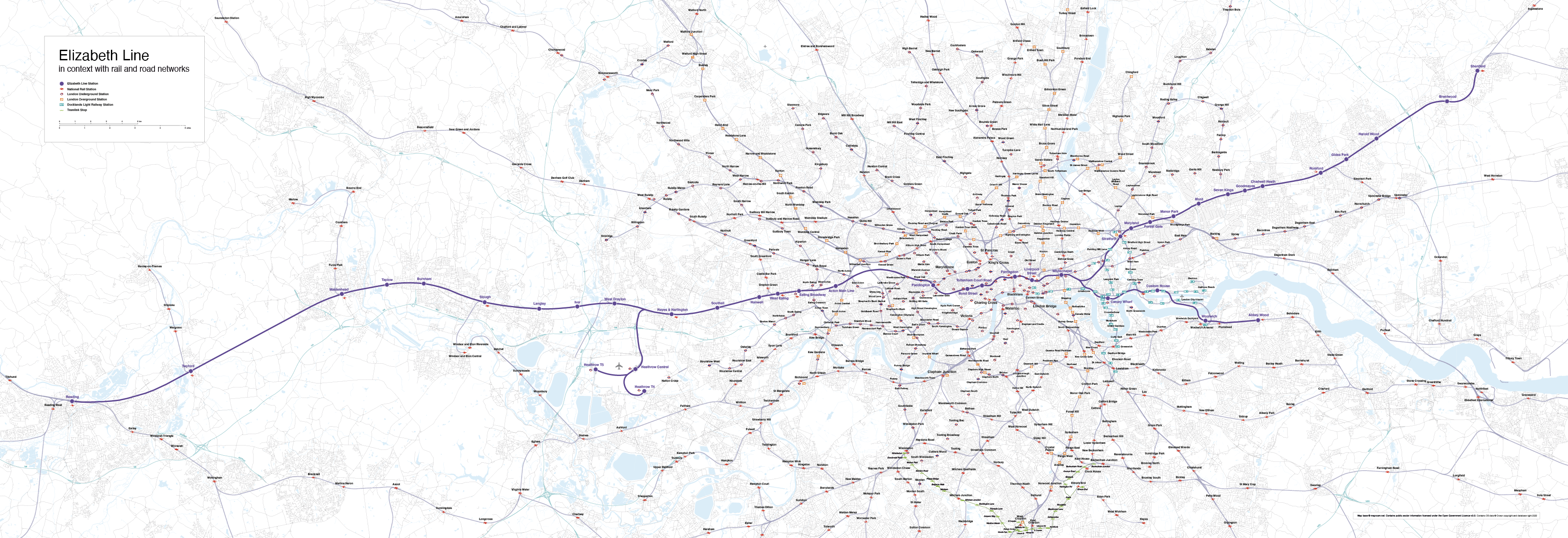 Elizabeth Line map with rail and road networks low-resolution preview