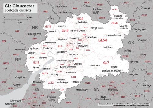 GL postcode districts map preview