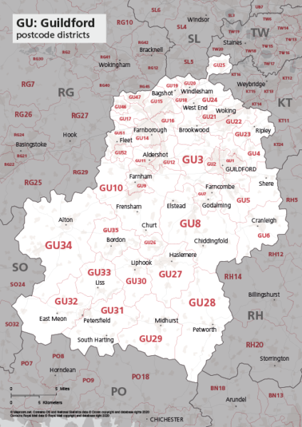 GU postcode districts map preview