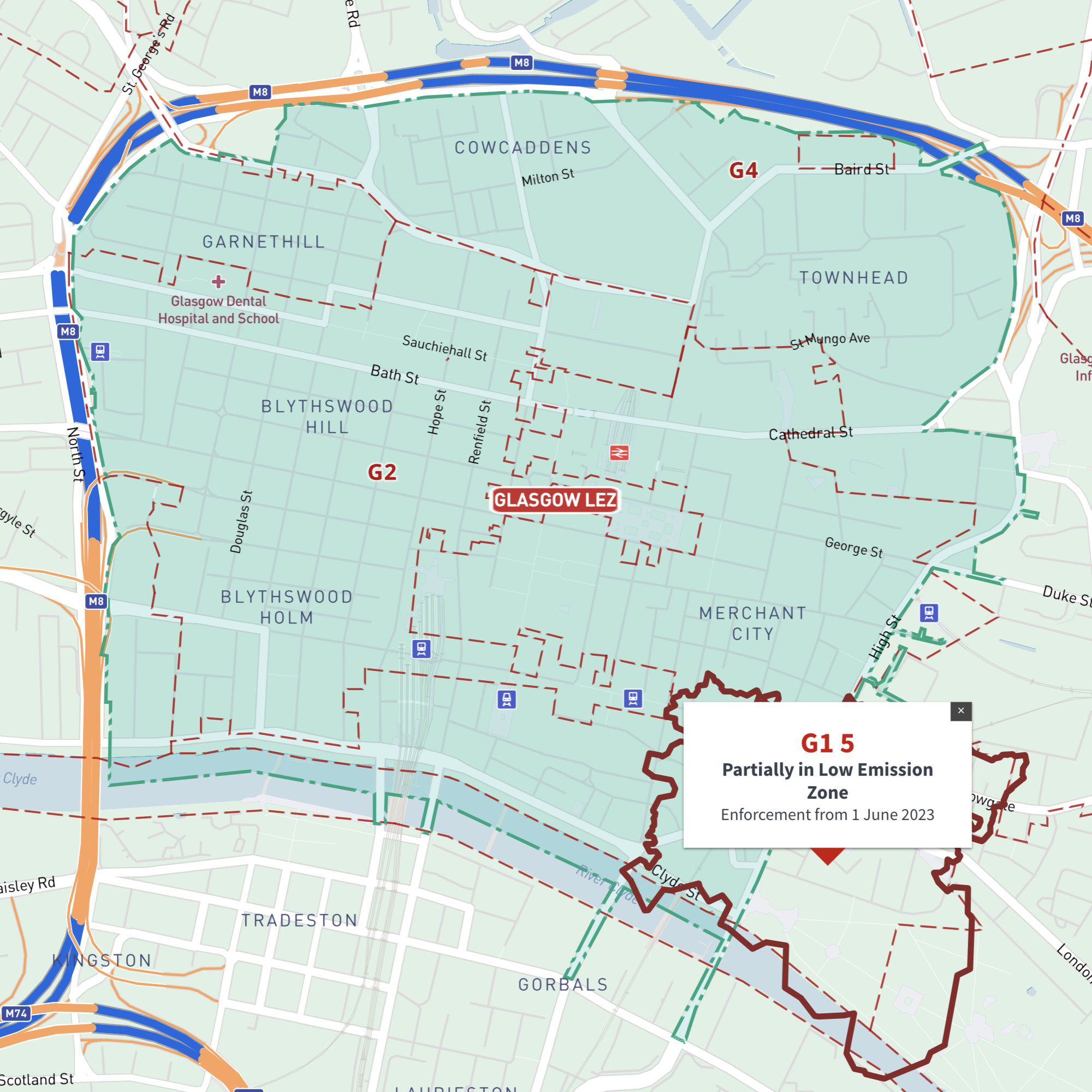 Glasgow Low Emission Zone map LEZ with G postcodes - interactive map preview