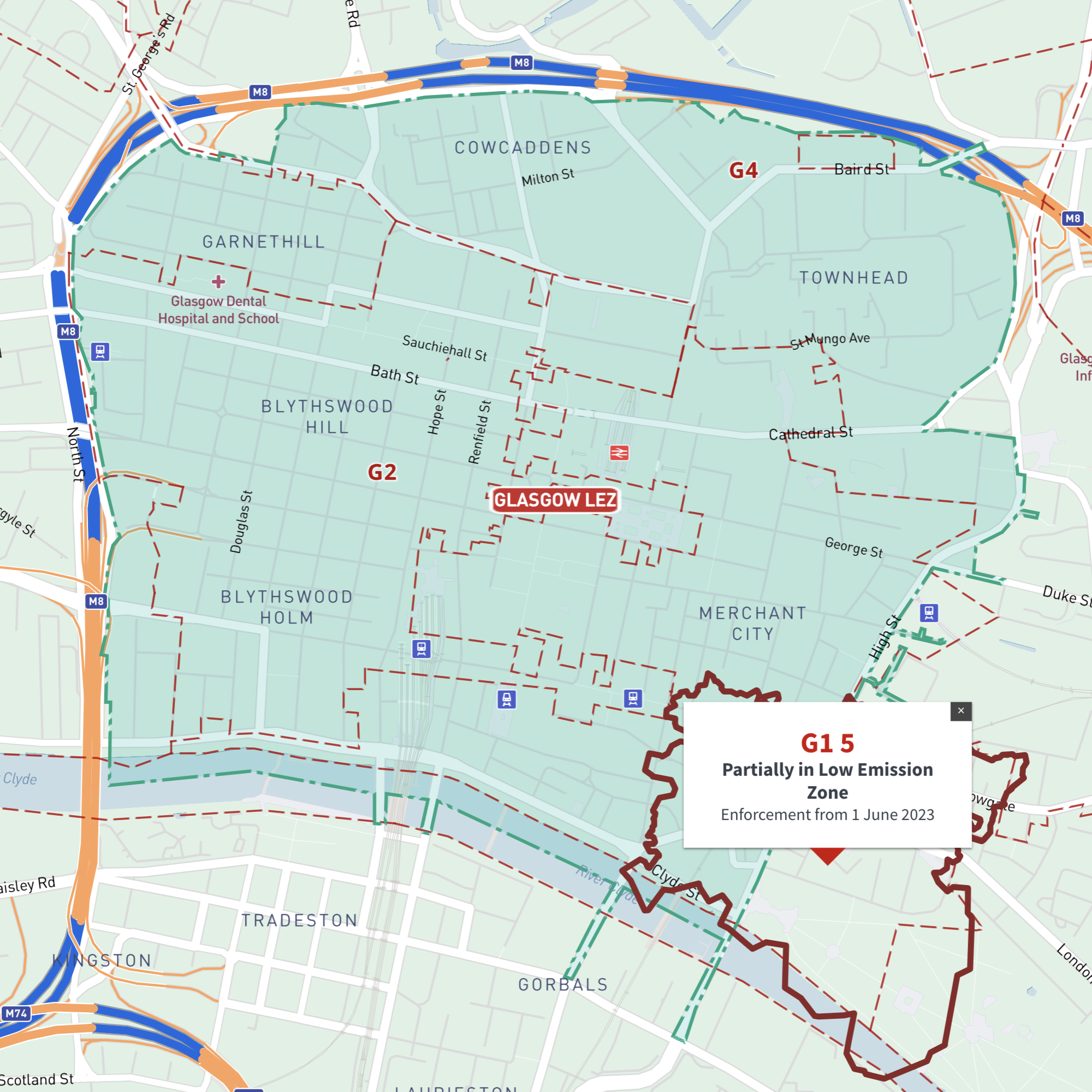 Interactive map of Glasgow Low Emission Zone and all G postcodes Maproom