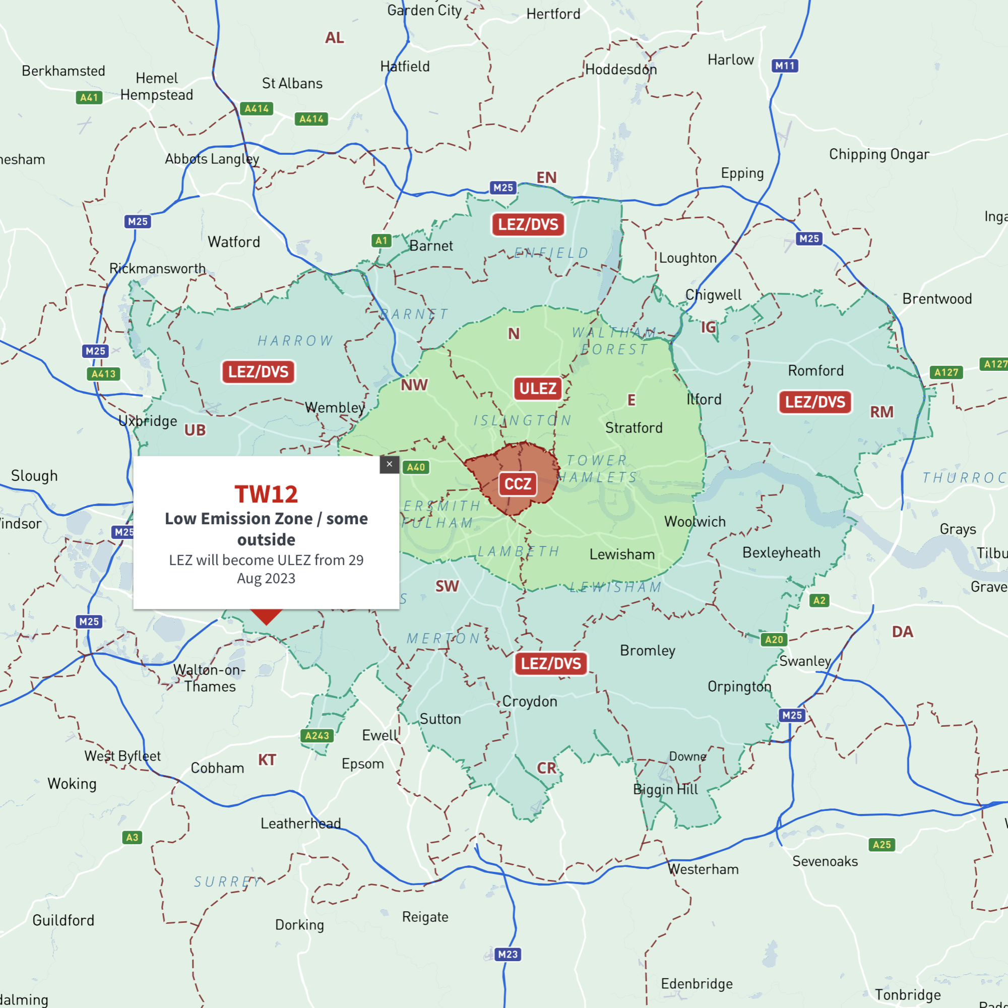 Greater London ULEZ LEZ DVS Congestion Charge Zones Postcodes Interactive Map Preview 