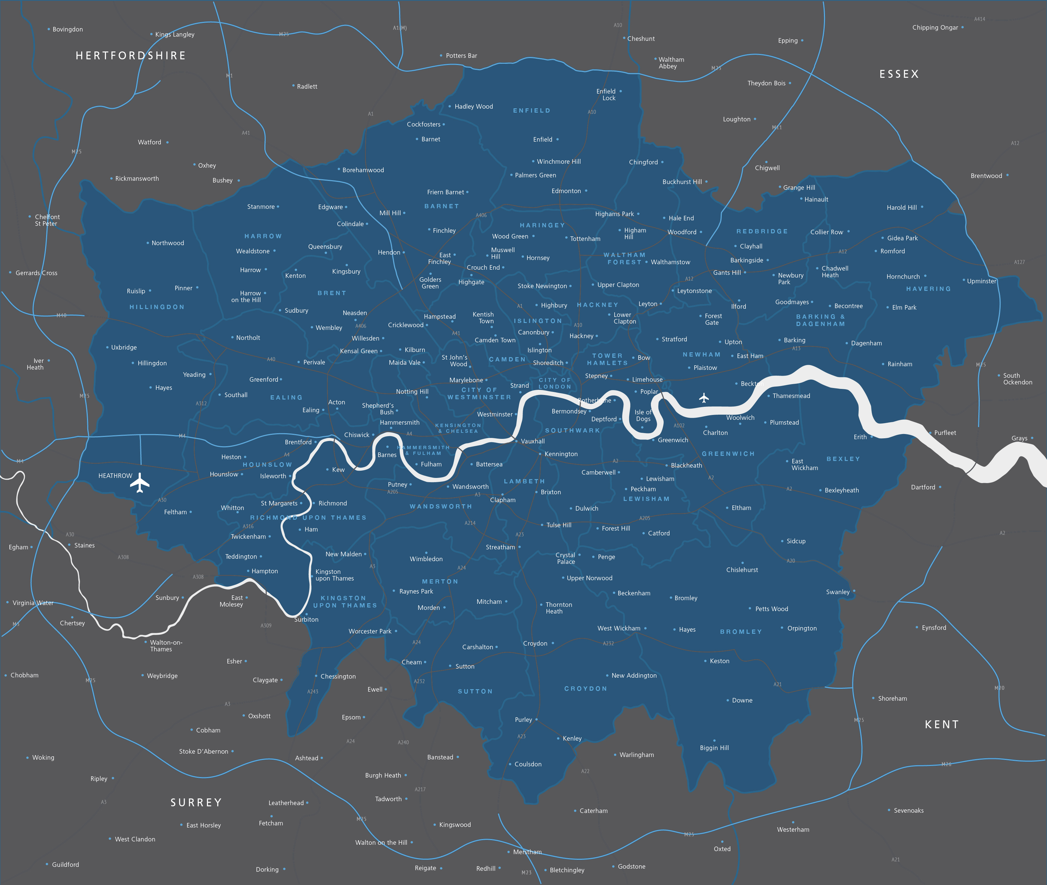 Map of Greater London districts and boroughs - Maproom