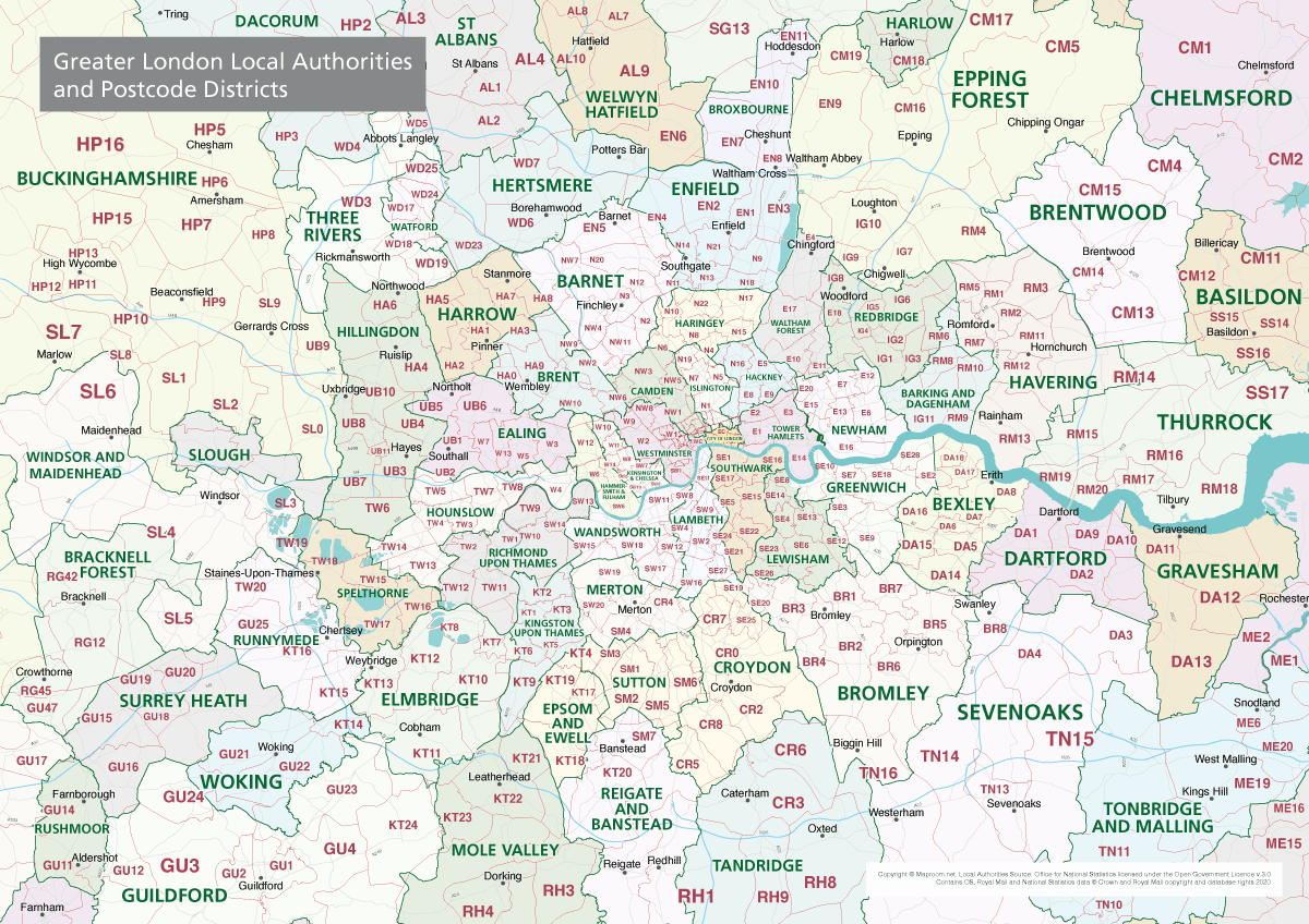Greater London Local Authorities and Postcodes map poster preview