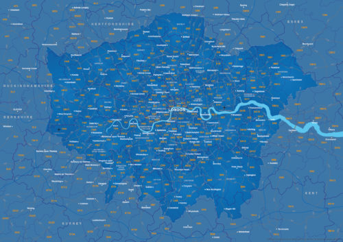 Map of Greater London postcode districts plus boroughs and major roads ...