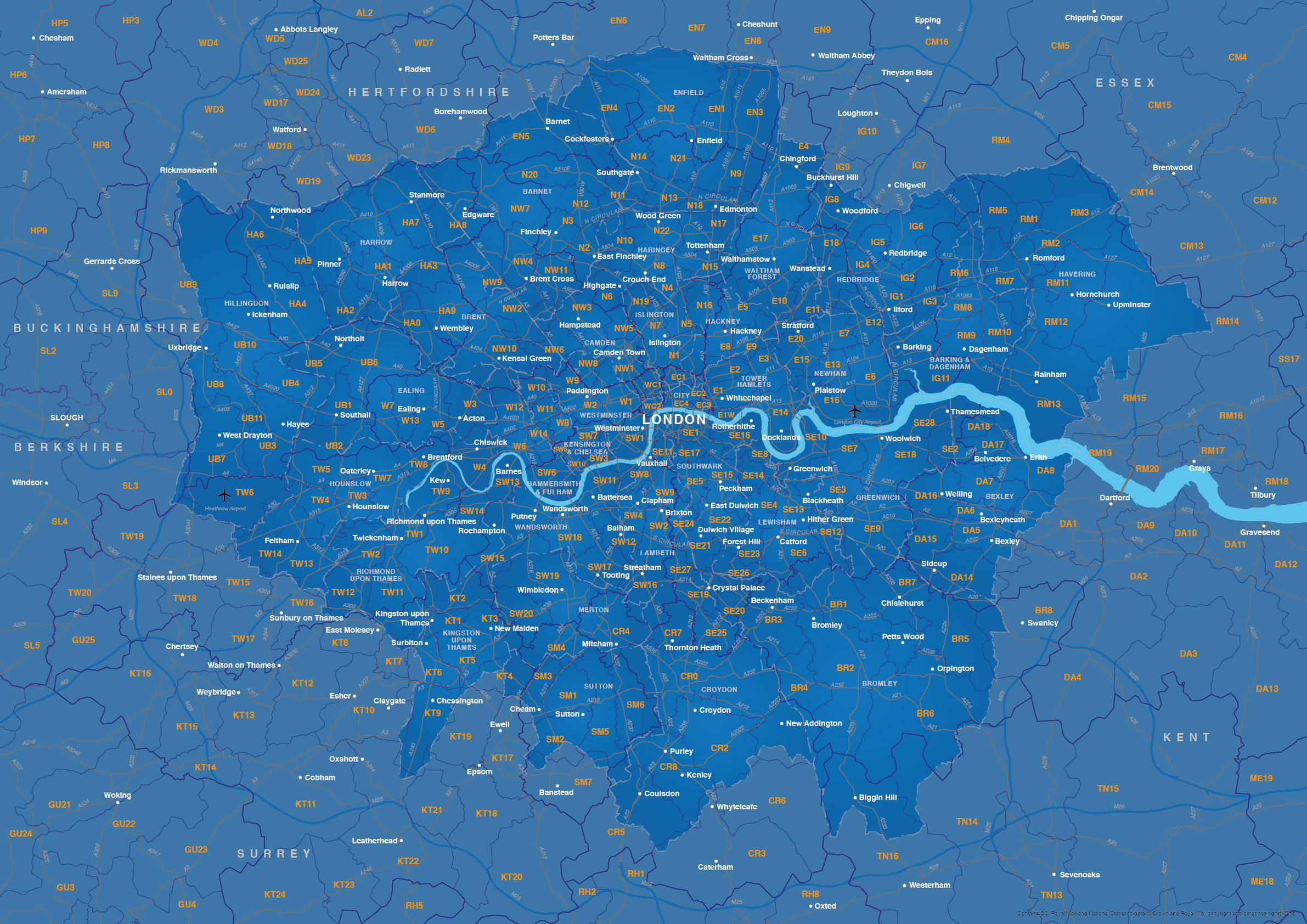 Map Of Greater London Postcode Districts Plus Boroughs And Major Roads 