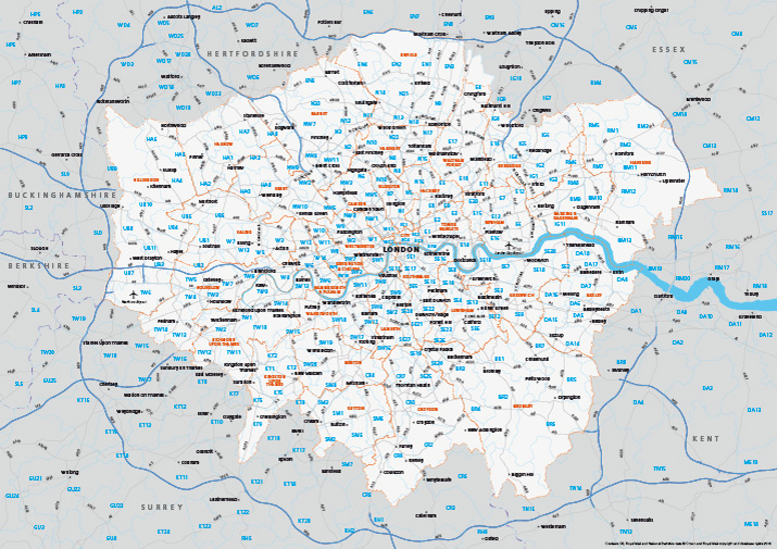 Map Of Greater London Postcode Districts Plus Boroughs And Major