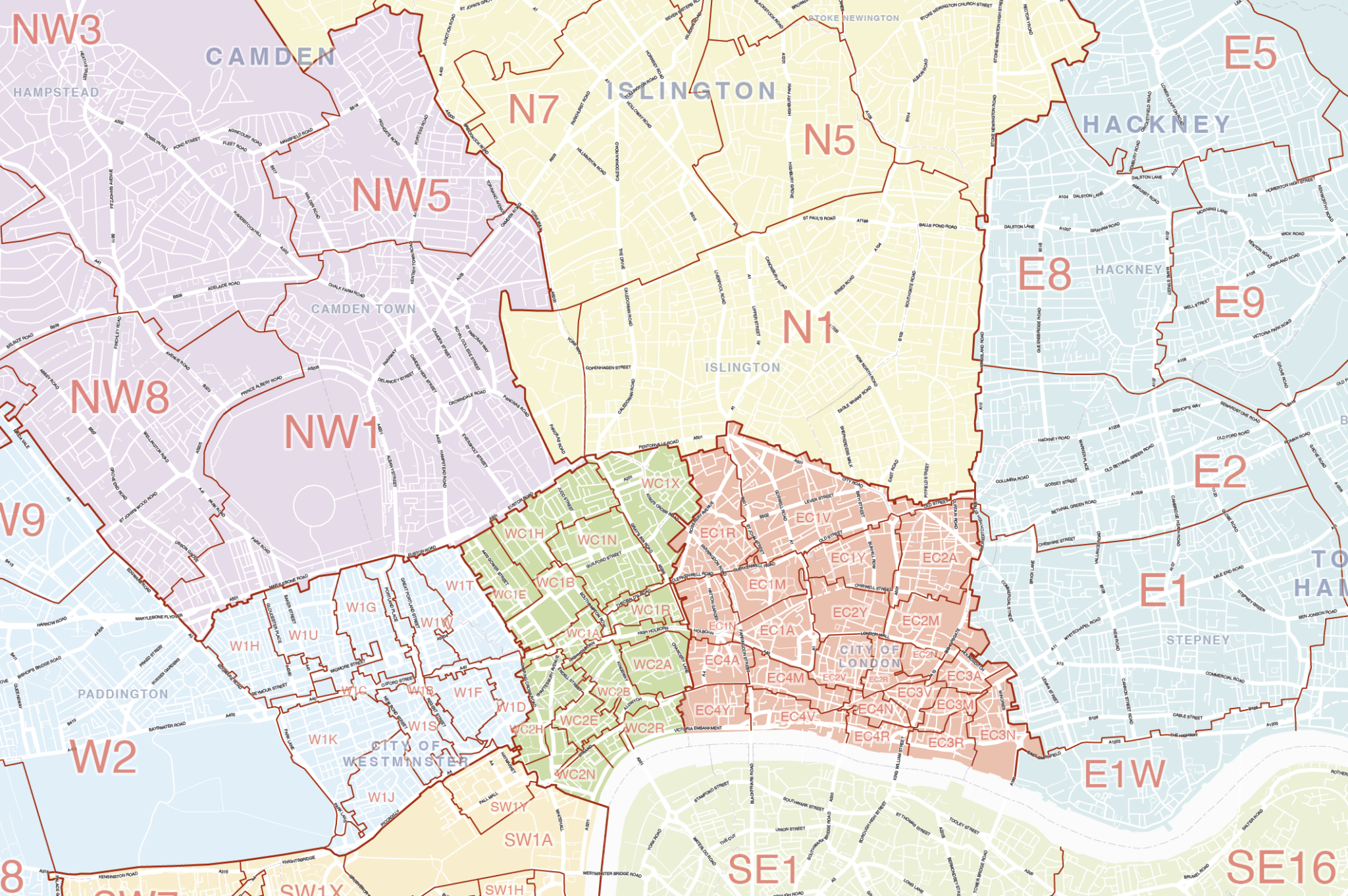 Supersize map of Greater London postcode districts with full road ...