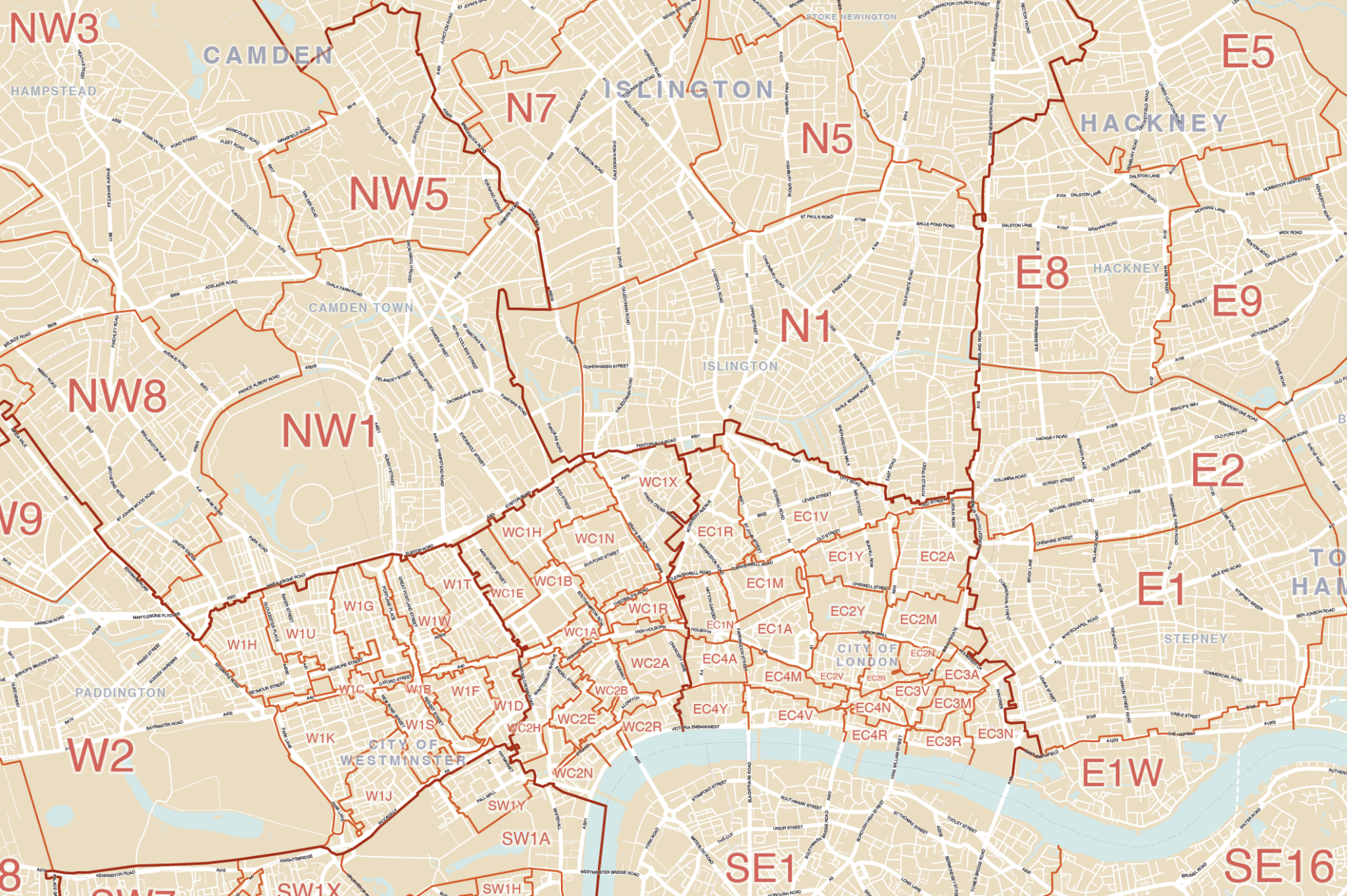 Supersize map of Greater London postcode districts with full road ...