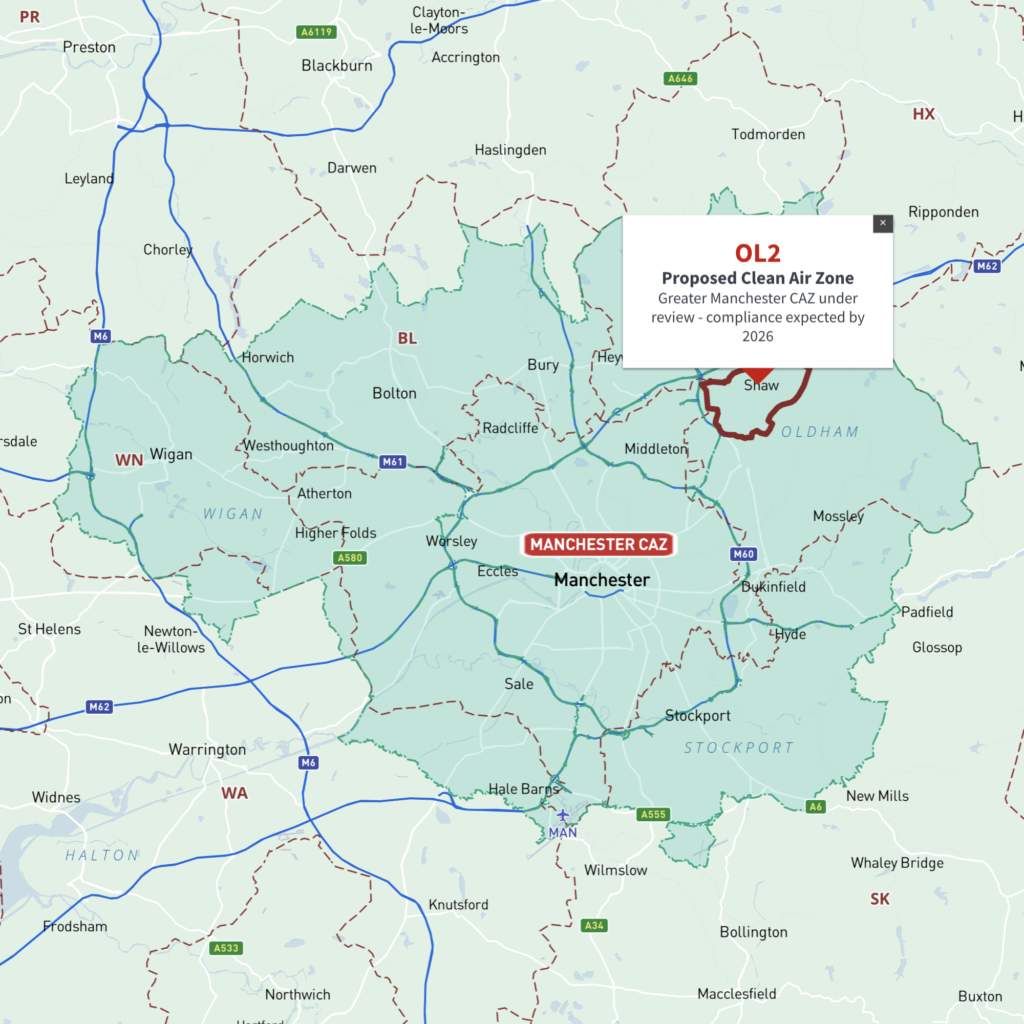 Greater Manchester Clean Air Zone map with M, OL, BL, WN, WA, SK postcode boundaries - interactive map preview
