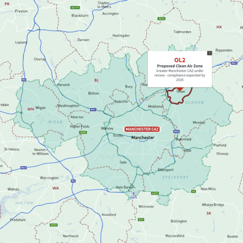 Greater Manchester Clean Air Zone map with M, OL, BL, WN, WA, SK postcode boundaries - interactive map preview