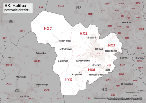 HX postcode districts map preview