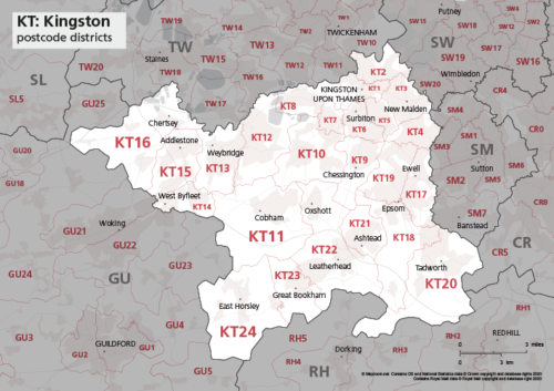 KT postcode districts map preview