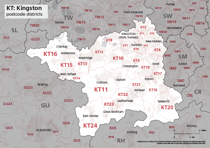 KT Postcode Districts Map Preview 