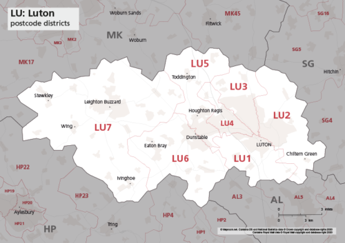 LU postcode districts map preview
