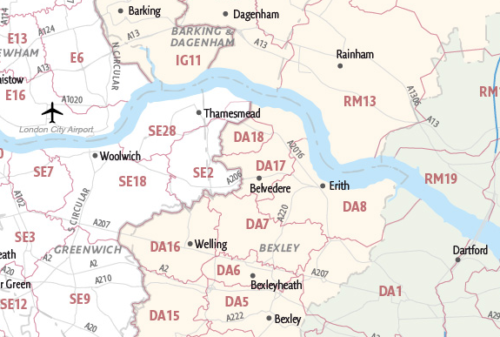 Map of London postcodes with London boroughs
