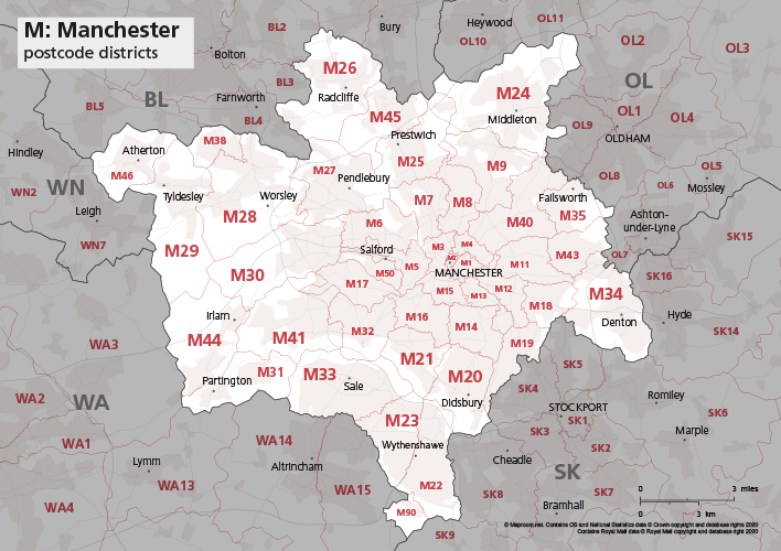 Postcode Wall Map Manchester M 47 x 33.25 Laminated