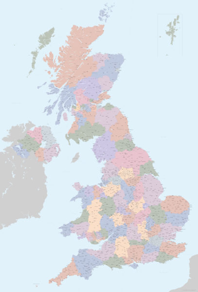 Detailed map of UK showing counties