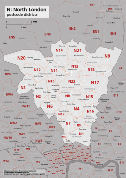 N postcode districts map preview